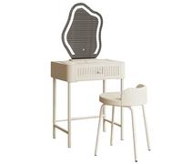 Vanità moderna per il trucco con specchio a LED, sgabello in rattan, cassetto portaoggetti, piccolo spazio amichevole 60 cm, tavolo da toeletta per camera da letto, design chic, perfetto per le donne.