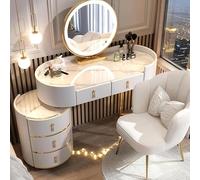 Vanità moderna per il trucco con specchio touch screen e sgabello, luminosità regolabile in 3 colori, 5 cassetti, elegante comò per donne e ragazze, 80 cm, regalo per camera da letto bianco