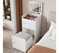 Vanità per trucco con schermo tattile con specchio regolabile, illuminazione a 3 colori, comò in legno con cassetti e sgabello imbottito (bianco) moderno tavolo da toeletta