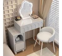 Vanità per trucco con touchscreen a 3 colori con specchio dimmerabile, 2 cassetti, scrivania per camera da letto, sgabello imbottito, 70 cm, tavolo da toeletta grigio per un'organizzazione elegante