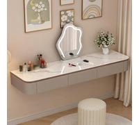 Vanità per trucco in legno massello con cassetti, completamente assemblata, tavolo da toeletta multifunzionale ad angolo arrotondato per camera da letto, 100 cm, rovere kaki con piano in pietra