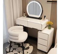 Vanità per trucco regolabile con specchio a 3 colori, morbido sgabello imbottito e cassetti portaoggetti, 50 cm, tavolo da toeletta per un elegante set di bellezza