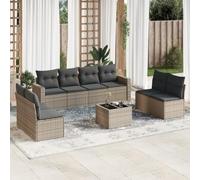 Vanitopaz Set divano da giardino in polyrattan grigio, 9 pezzi, con cuscino, resistente alle intemperie, modulare ed espandibile, con vano portaoggetti, tavolo con piano in vetro temperato, per