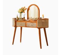 Vanity Desk Vanity Desk con Specchio Toletta retrò in Legno Massello in Rattan con 2 Cassetti per Donne e Ragazze, Scrivania per Trucco per Camera da Letto (Legno)