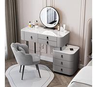 Vanity - Elegante mobile da trucco moderno con specchio LED rotante a 360°, illuminazione a 3 colori, 6 cassetti, sgabello in peluche, finitura platino, 100 cm