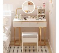 Vanity - Mobile da trucco moderno con specchio e sgabello, 2 grandi cassetti e 3 luci, design salvaspazio, 100 cm, elegante tavolo da bagno per camera da letto
