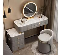 Vanity moderno con specchio illuminato a LED, 3 modalità di illuminazione a colori, 3 cassetti, armadietto e stazione di ricarica, grigio, ideale per camere da letto, tavolo da trucco