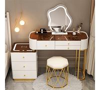 Vanity moderno con stazione di ricarica wireless, altoparlante Bluetooth, specchio illuminato regolabile in 3 colori, 5 cassetti, sgabello imbottito, perfetto per la decorazione della casa, sgabello