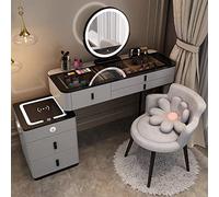 Vanity moderno grigio con Bluetooth Audio Ricarica wireless Specchio regolabile Sgabello imbottito e comodino a 5 cassetti - Elegante tavolo da toeletta da 120 cm