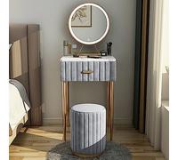 Vanity moderno grigio con luci a specchio e cassetti, piccolo tavolo da toeletta con sgabello, elegante scrivania per trucchi e prodotti di bellezza (50 cm)