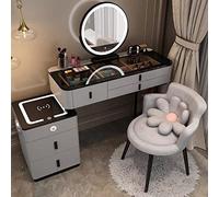 Vanity moderno grigio con specchio LED Bluetooth audio ricarica wireless 5 cassetti comodino e sgabello imbottito 47 pollici grigio B 100 cm set tavolo trucco