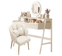 Vanity - Set da trucco con luci, scrivania con cassetti, tavolo per il trucco con specchio illuminato, set di 3 colori di illuminazione, luminosità regolabile, per camera da letto e studio, bianco