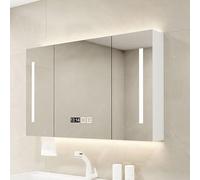 Vanity Smart LED da bagno con contenitore, luce per trucco dimmerabile a 3 toni, specchio antiappannamento, visualizzazione della temperatura e dell'ora, armadietto dei medicinali a parete per la