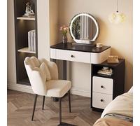 Vanity - Tavolino da trucco compatto con specchio LED e cassetti, in legno massello, per camera da letto, sgabello a petalo 50 x 40 x 74 cm, soluzione elegante e funzionale per riporre oggetti