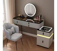 Vanity - Tavolino da trucco moderno con specchio LED e sedia circolare in vetro, per ragazze, elegante design grigio e nero, 100 cm, perfetto per bellezza e organizzazione