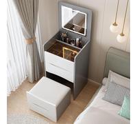 Vanity - Tavolo da trucco con cassetto e specchio LED a 3 colori illuminato integrato, elegante tavolo cosmetico grigio con vano interno e sgabelli, 48 cm