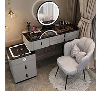 Vanity - Tavolo da trucco in legno massiccio, con altoparlante Bluetooth, specchio LED, 5 cassetti e sgabello, per camera da letto e spogliatoio, colore: grigio, B L: 100 cm 39,4