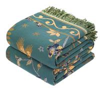 VANJOROY Coperta per divano e letto in stile bohémien, 100% cotone biologico, morbida, double-face, per divano a 2 o 3 posti, 230 x 250 cm, colore foglia di tè/leggermente verde