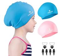 Vanocat Confezione da 2 Cuffia da nuoto per bambini lunghi/corti, unisex, per bambini di età compresa tra 3 e 15 anni, impermeabile, con tappi per le orecchie, clip per il naso, rosa e blu cielo