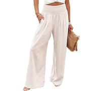 Vansha Pantaloni da palazzo estivi da donna a vita alta in cotone e lino a gamba larga pantaloni da salotto con tasca, bianco, L