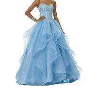 Vantexi Abito da donna lungo con perline scintillanti da ballo, abiti da sposa in organza con volant, abiti da ballo di fine anno scolastico, abiti da cerimonia, Azzurro, 48