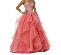 Vantexi Abito da donna lungo con perline scintillanti da ballo, abiti da sposa in organza con volant, abiti da ballo di fine anno scolastico, abiti da cerimonia, Corallo, 44