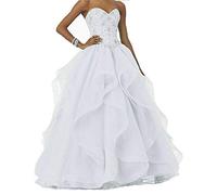 Vantexi Abito da donna lungo con perline scintillanti da ballo, abiti da sposa in organza con volant, abiti da ballo di fine anno scolastico, abiti da cerimonia, bianco, 48