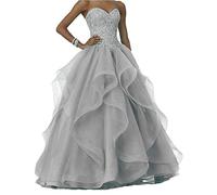 Vantexi Abito da donna lungo con perline scintillanti da ballo, abiti da sposa in organza con volant, abiti da ballo di fine anno scolastico, abiti da cerimonia, argento, 48