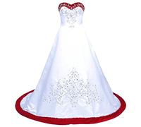 Vantexi Abito da sposa in raso, linea ad A, ricamato, bianco e rosso, 50