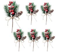 VANTOBEST 6 pigne artificiali a stelo di bacche rosse con spago fiocco bacche di Natale steli rami di pino sempreverde vacanze invernali plettri floreali per decorazione fai da te artigianato