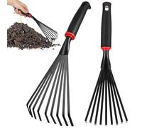 VANZACK 2 rastrelli a mano da giardinaggio in metallo per cenere da giardino, mini attrezzi da coltivatore da giardino, rastrello portatile con manico e 9 denti, per cortile, prato, arbusti, aiuole