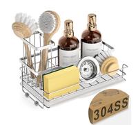 VANZAVANZU Cesto per lavello - Organizer per lavello da cucina in acciaio inox 304, portaspugna di grande capacità per cucina, porta spazzola rimovibile, vassoio di drenaggio e base in gomma