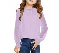 vaolkwsacz Camicia a maniche lunghe da bambina, con scollo rotondo, in chiffon, per la scuola, per bambini, 1 anno, Lilla, 7-8 Jahre