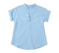 vaolkwsacz Camicie in lino da ragazza, casual, con bottoni, scollo a V, camicette a tunica 2025, per trendy, leggere, tinta unita, top a maniche corte con, Azzurro, 4-5 Jahre
