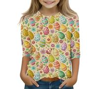 vaolkwsacz Coniglio di Pasqua 3/4 manica verde t-shirt top ragazza divertente coniglietto pasquale camicia T Shirt per ragazze E bambola, giallo., 6-7 Jahre