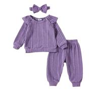 vaolkwsacz Neonati e ragazze europei e americani, colore chiaro, top a maniche lunghe con maniche volanti, pantaloni e copricapo, tre pezzi tuta bambino pagliaccetto 6 mesi, Lilla, 0-6 Monate