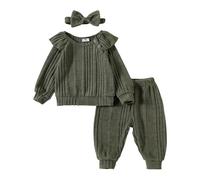 vaolkwsacz Neonati e ragazze europei e americani, colore chiaro, top a maniche lunghe con maniche volanti, pantaloni e copricapo, tre pezzi tuta bambino pagliaccetto 6 mesi, verde, 12-18 Monate