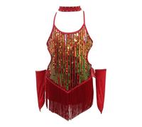 vaolkwsacz Ragazze Paillettes Frange Abbigliamento Da Danza Latino Set Lucido Senza Maniche Nappa Gonna Da Danza Bambini Ragazze 152, Colore: rosso, 5-6 Jahre