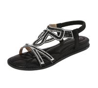 vaolkwsacz Sandali romani da donna, sandali romani, sandali piatti, con punta aperta, sandali da spiaggia, con strass, scarpe romane, eleganti sandali estivi con elastico, Nero , 39 EU