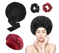 vaolmlop 2 pezzi Cuffia Seta Capelli Notte,Silk Bonnet,Con Nastri Regolabili,Berretto Da Notte Raso Elastico Per Dormire Cappello Da Notte Per Donna Berretto Da Notte Raso(Nero+Rosso)