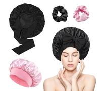 vaolmlop 2 pezzi Cuffia Seta Capelli Notte,Silk Bonnet,Con Nastri Regolabili,Berretto Da Notte Raso Elastico Per Dormire Cappello Da Notte Per Donna Berretto Da Notte Raso(Nero+Rosa)