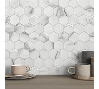 VAOVI Pannelli autoadesivi da parete per paraschizzi da cucina, esagonali, effetto marmo, a nido d'ape, effetto mosaico metallico, impermeabili, per bagno (bianco argento, 10 fogli)