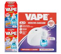 Vape Diffusore Elettrico Giorno e Notte con Ricarica Liquida 480h + Ricarica Classic 60 notti + Ricarica Antiodore 60 notti. Contro Mosche Zanzare Comuni e Tigre