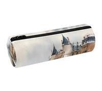 VAPOKF Astuccio in pelle a forma di fiume con edificio di città invernale, astuccio per matite, portamonete, trousse per trucchi per studenti, cancelleria, scuola, ufficio