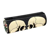 VAPOKF Astuccio in pelle con scheletro con coppia di morsi di rose rosse, portapenne, portamonete, trousse per trucchi per studenti, cancelleria per scuola, ufficio