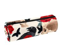 VAPOKF Astuccio in pelle PU con corvo nero e farfalla con teschio morto e rosa, astuccio per cancelleria per studenti, astuccio per trucchi per donne, ragazze, ragazzi, bambini, scuola e ufficio