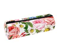 VAPOKF Astuccio per matite con rose bianche e fiori selvatici blu, in pelle PU, astuccio per cancelleria per studenti, astuccio per trucchi per donne, ragazze, ragazzi, bambini, scuola e ufficio