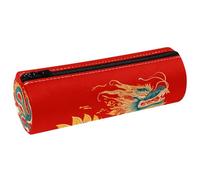 VAPOKF Astuccio per matite con stampa di drago cinese su rosso, in pelle PU, astuccio per cancelleria per studenti, astuccio per trucchi, per donne, ragazze, ragazzi, bambini, scuola e ufficio, Multi