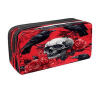 VAPOKF Astuccio per penne, astuccio per cancelleria per studenti, per ragazzi e ragazze, per scuola e ufficio, motivo: teschio morto con corvo e rose su sfondo rosso