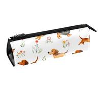 VAPOKF Astuccio per penne con motivo bassotti con fiori e scritta "Run with Flowers", astuccio per cancelleria, astuccio per cosmetici, borsa compatta con cerniera